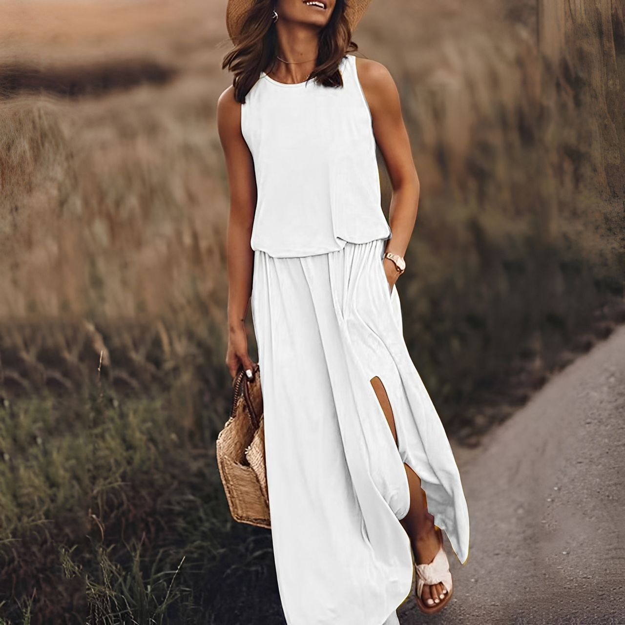 Agnes - Gemütliches, ärmelloses Damen-Maxikleid