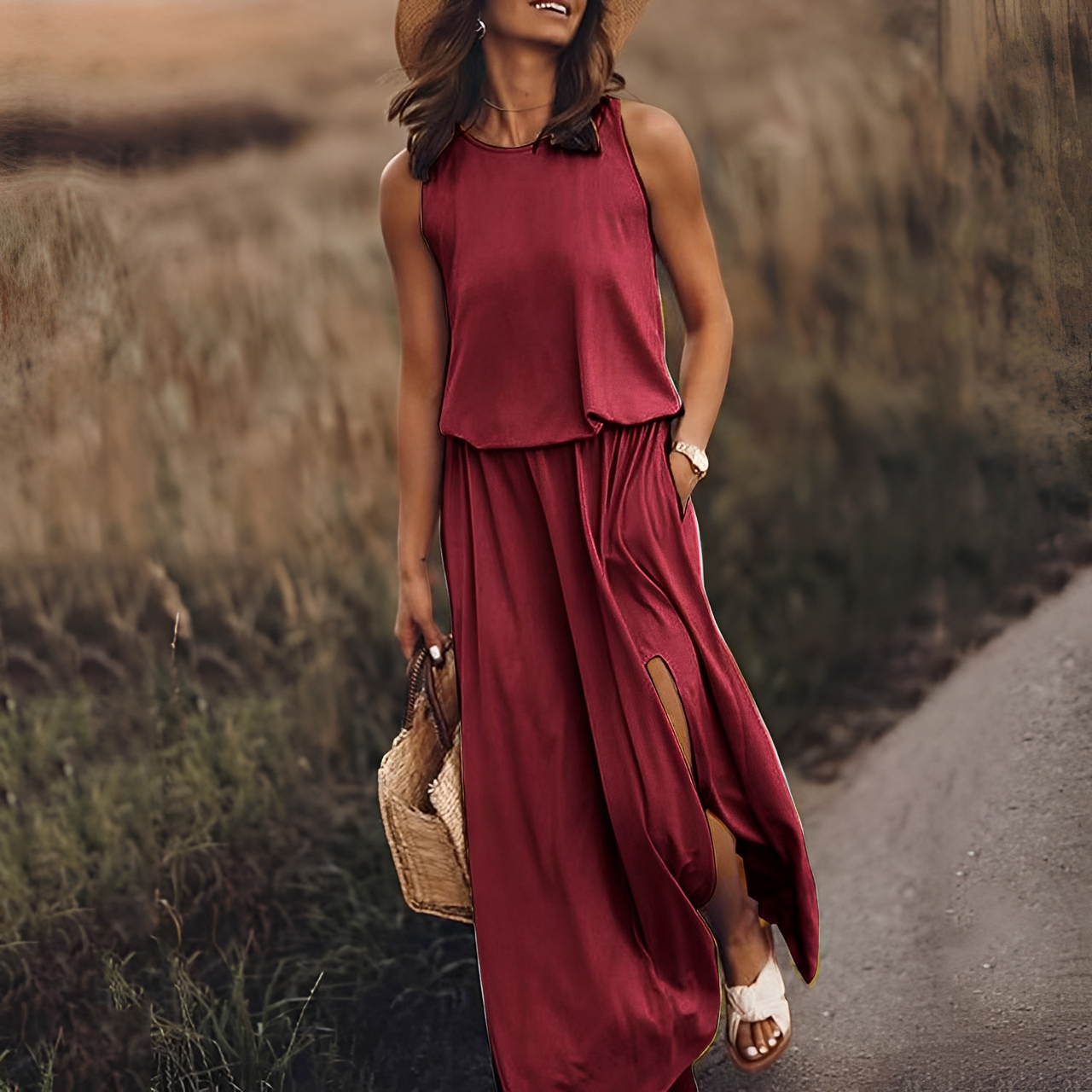 Agnes - Gemütliches, ärmelloses Damen-Maxikleid