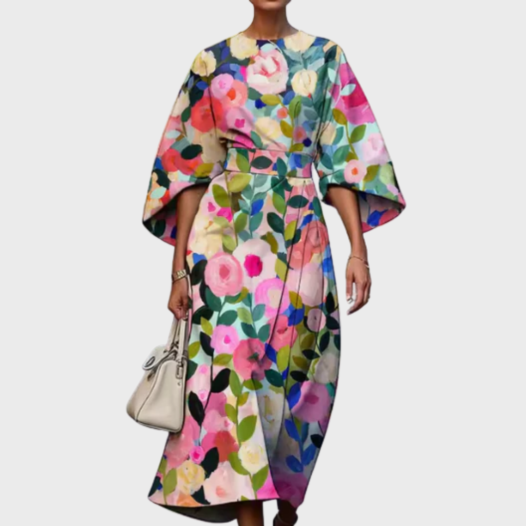 Reina - Midi-Kleid mit Blumenmuster und betonter Taille