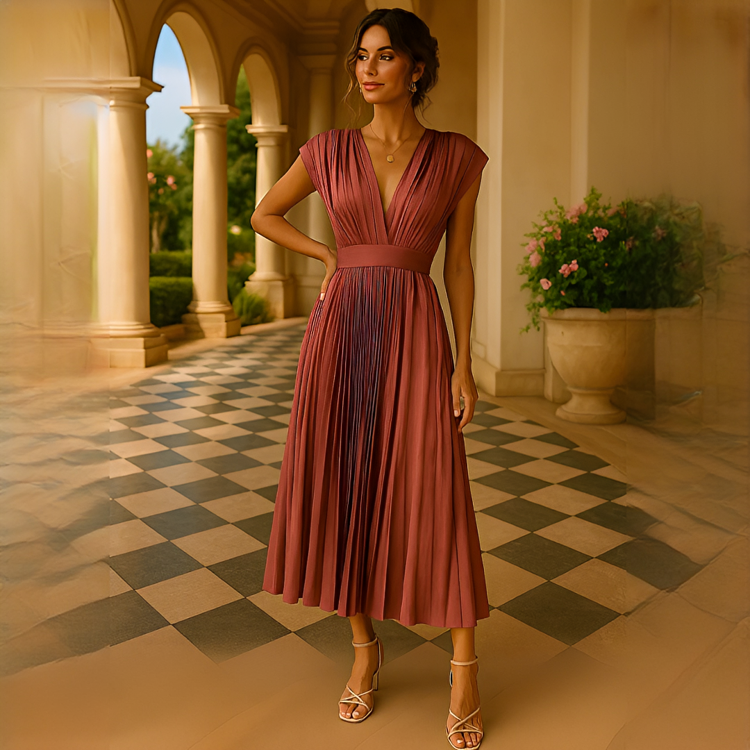 Elvira - Stilvolles Midi-Kleid mit V-Ausschnitt und Plissee