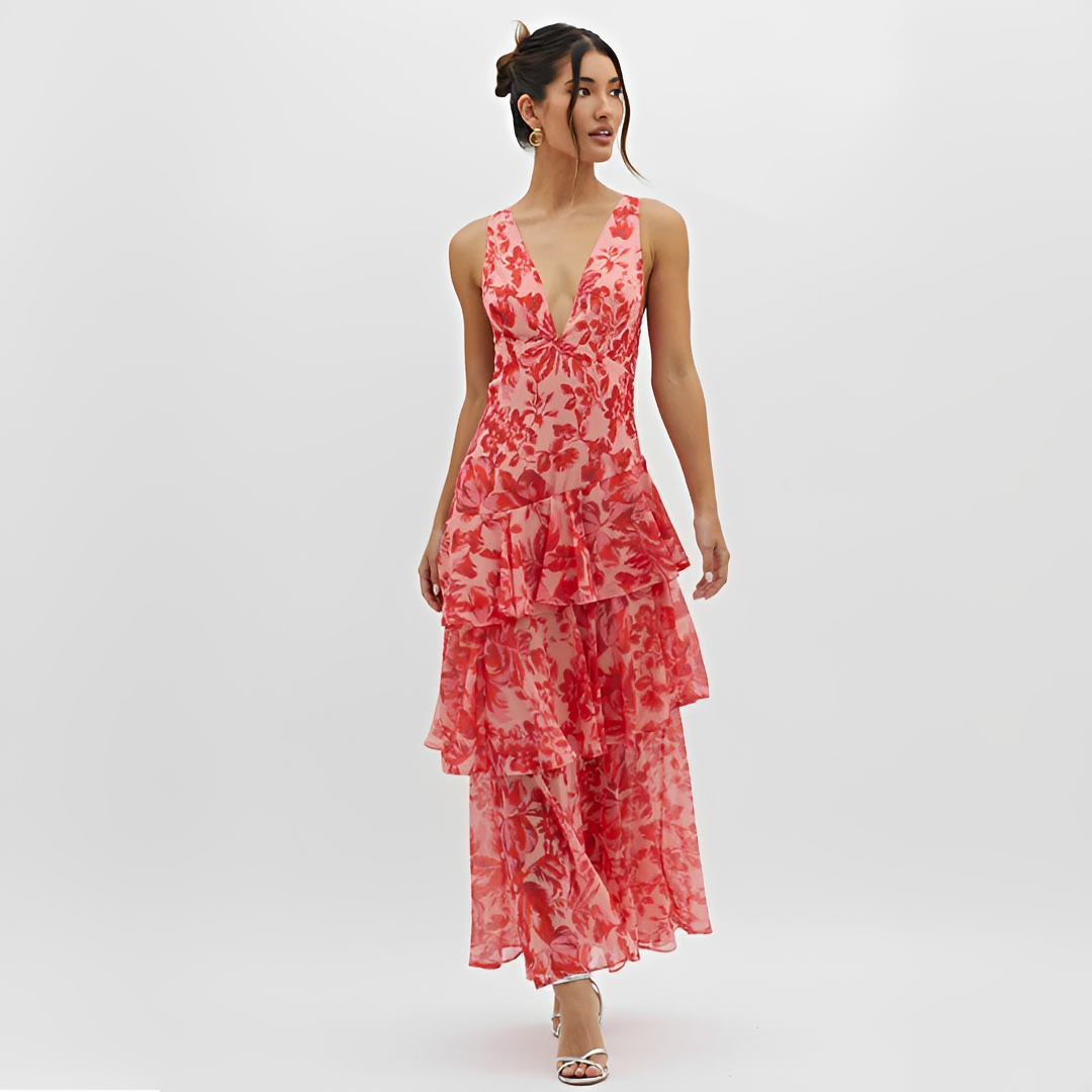 Faye - Elegant fließendes Kleid mit V-Ausschnitt und offenem Rücken