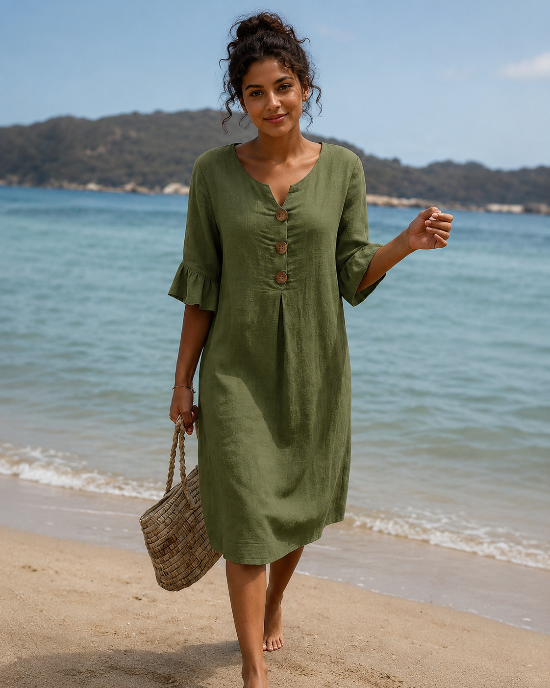 Éliane - Stilvolles Knopf-V-Ausschnitt-Kleid
