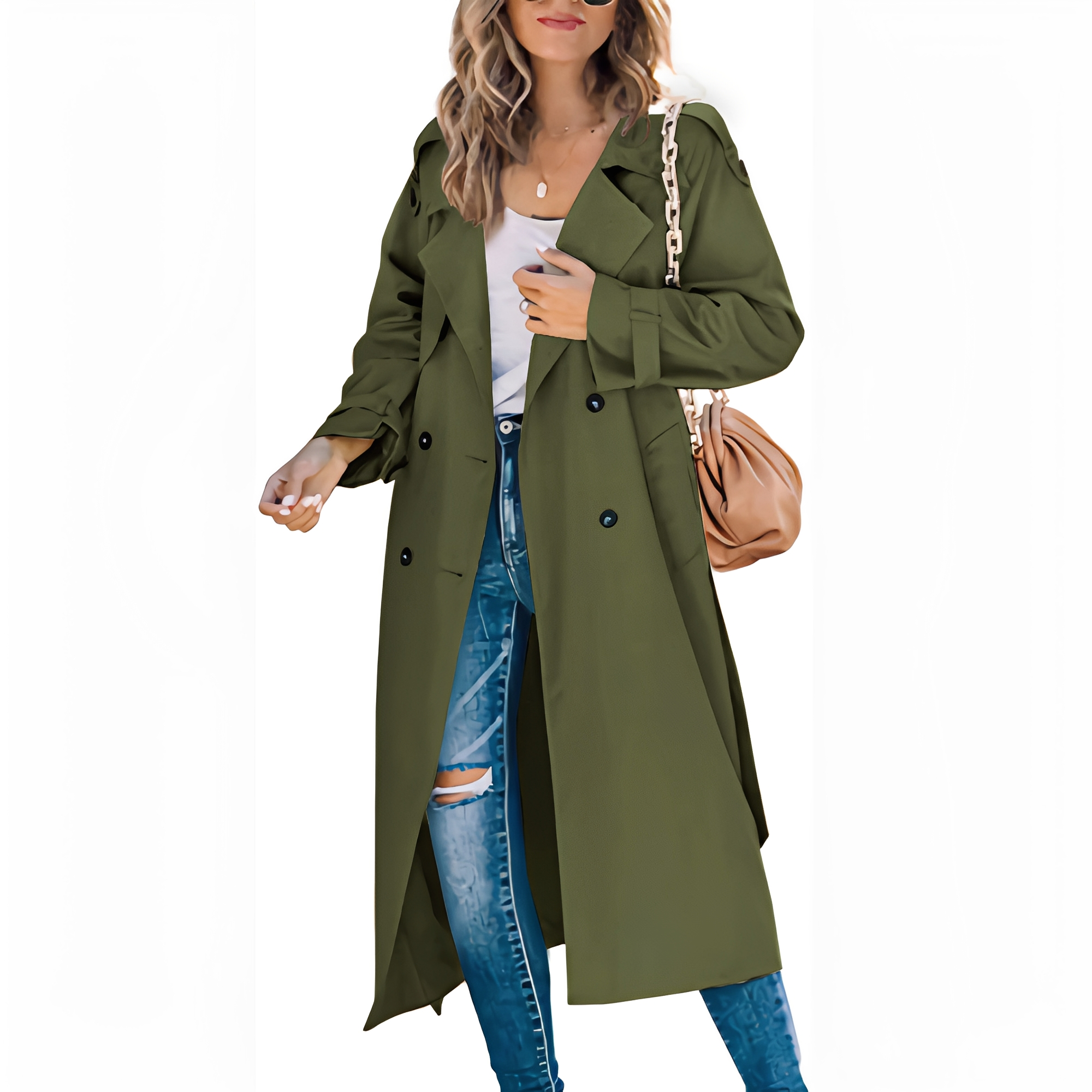 Jodie - Eleganter langer Damen-Trenchcoat mit Zweireiher
