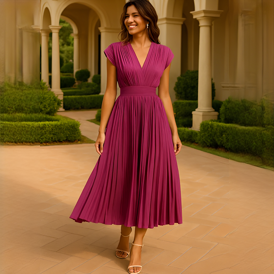 Elvira - Stilvolles Midi-Kleid mit V-Ausschnitt und Plissee