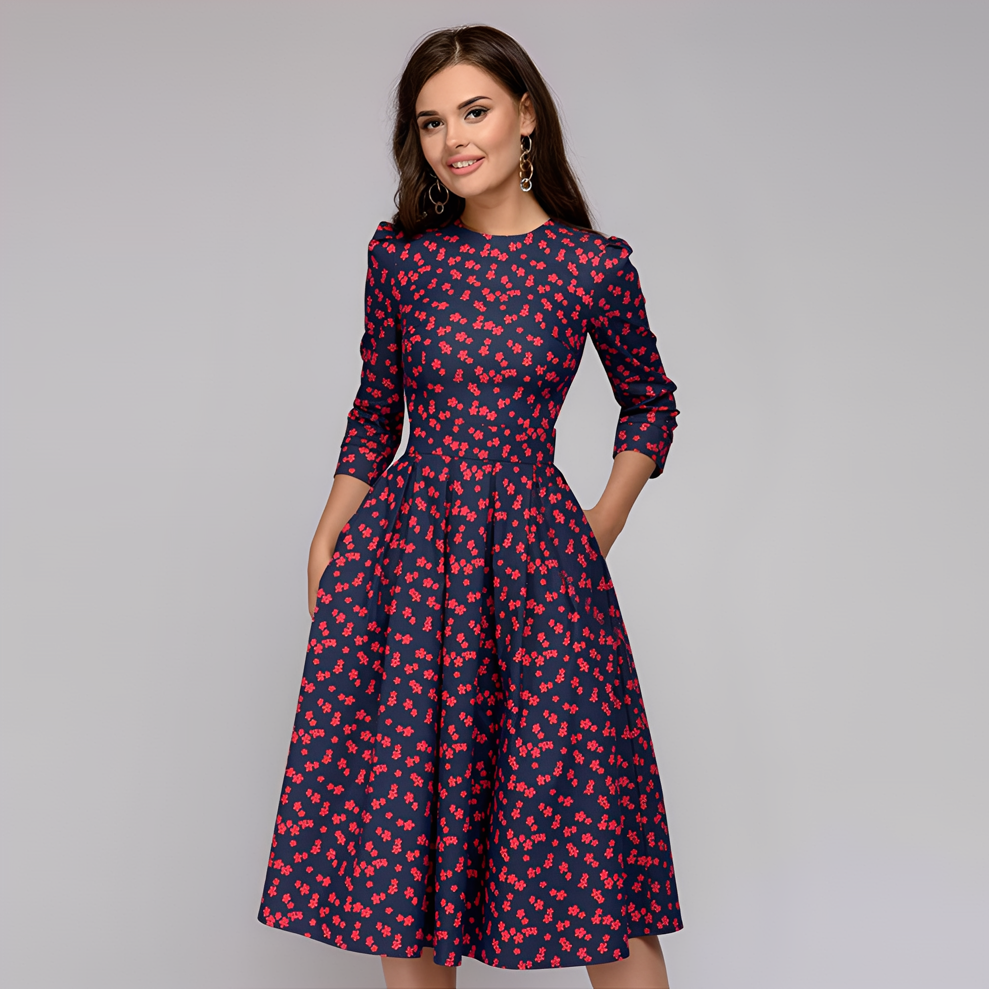 Elisabeth - Schickes Damenkleid mit langen Ärmeln und Blumendesign