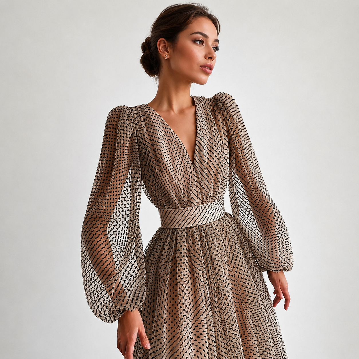 Emina - Elegantes Langarm V-Ausschnitt Kleid
