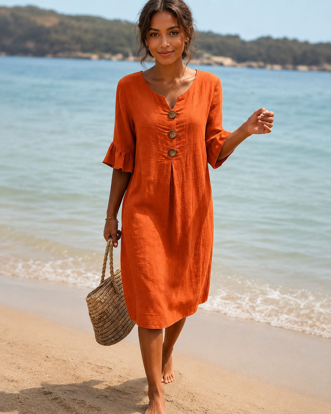 Éliane - Stilvolles Knopf-V-Ausschnitt-Kleid