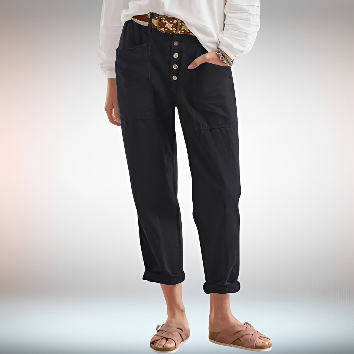 Rhonwen - Stilvolle, locker sitzende Hose mit Knopfleiste