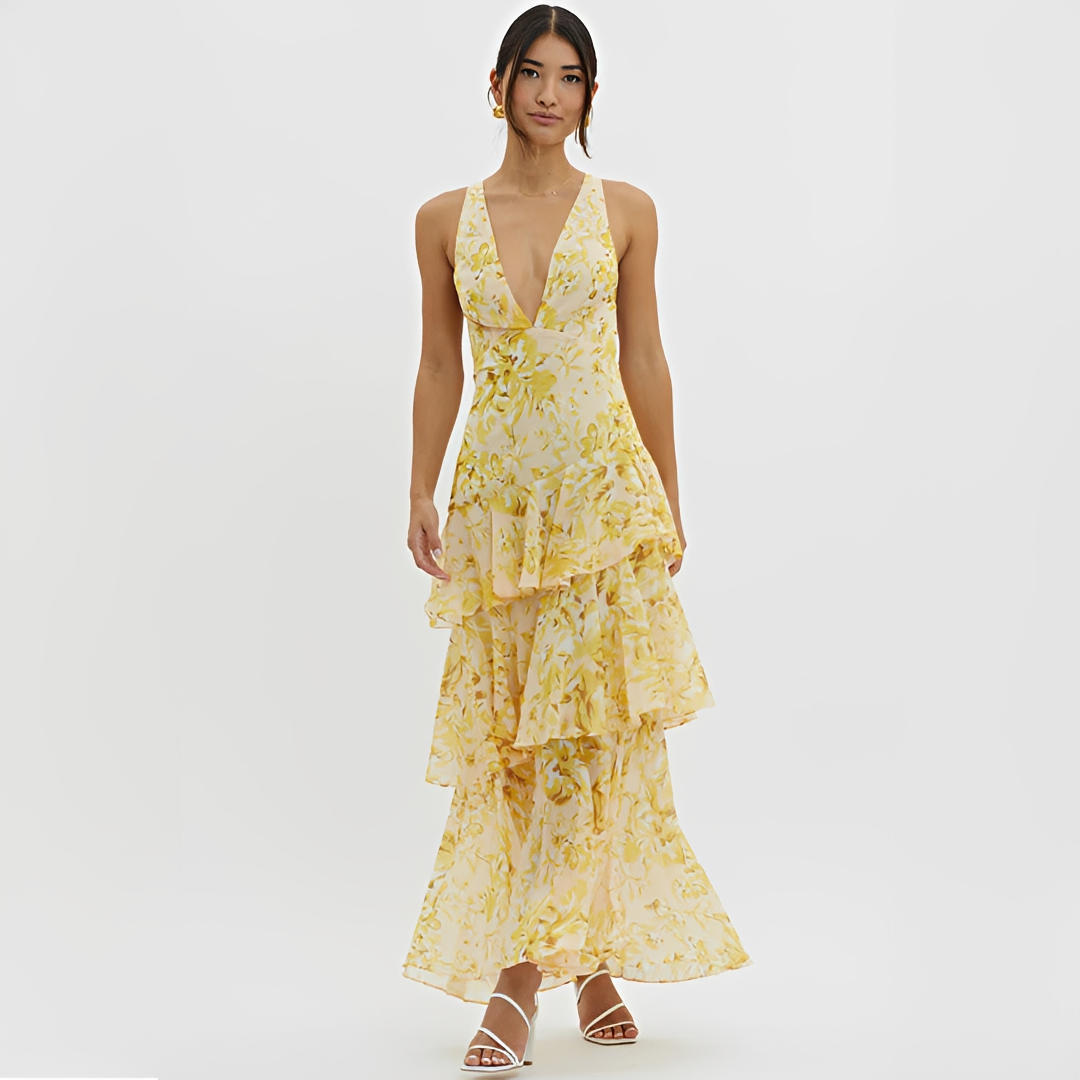 Faye - Elegant fließendes Kleid mit V-Ausschnitt und offenem Rücken