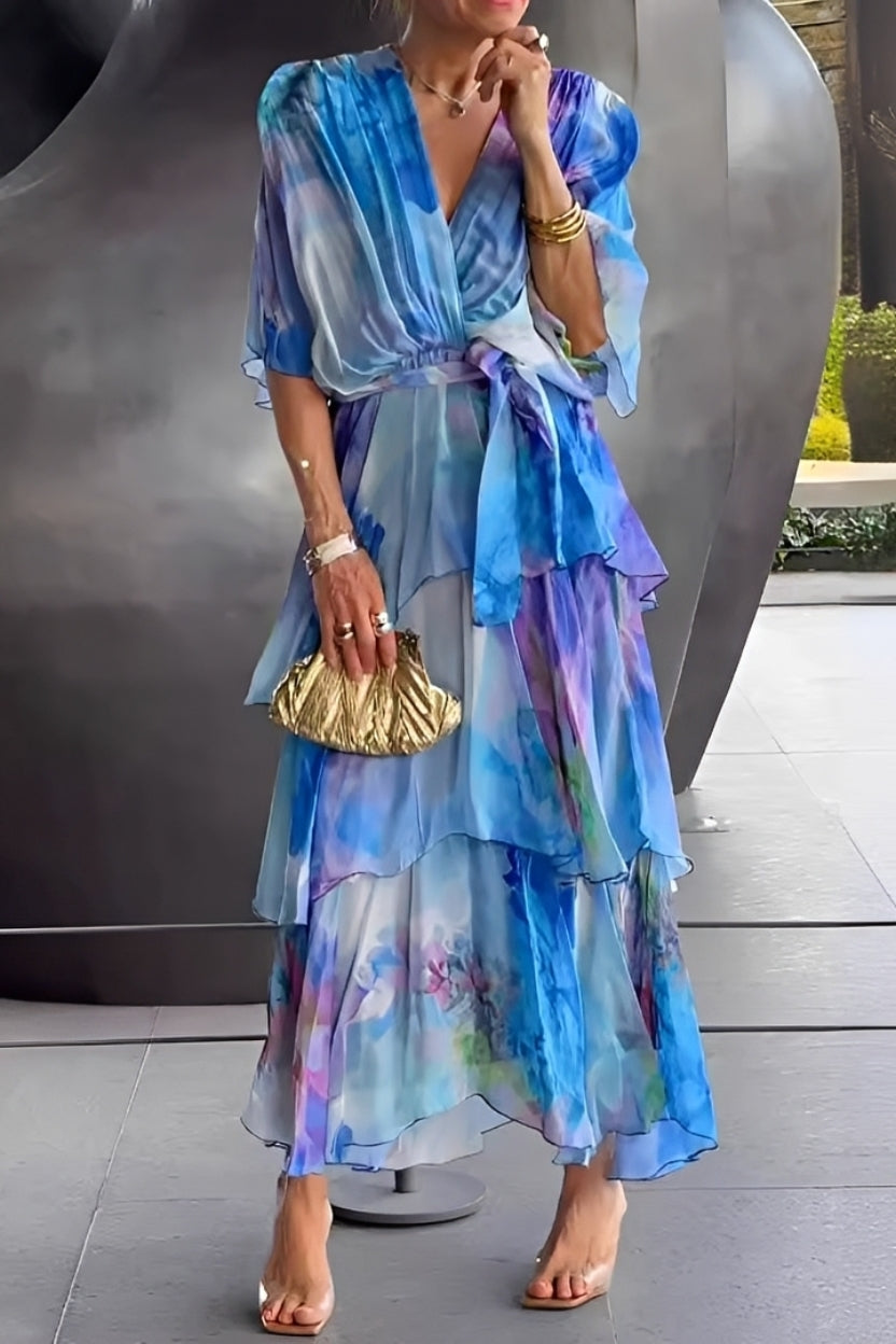 Jane - Damenkleid mit geblümtem Muster und V-Ausschnitt im Schichtenstil
