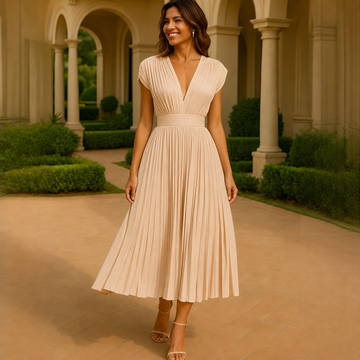 Elvira - Stilvolles Midi-Kleid mit V-Ausschnitt und Plissee