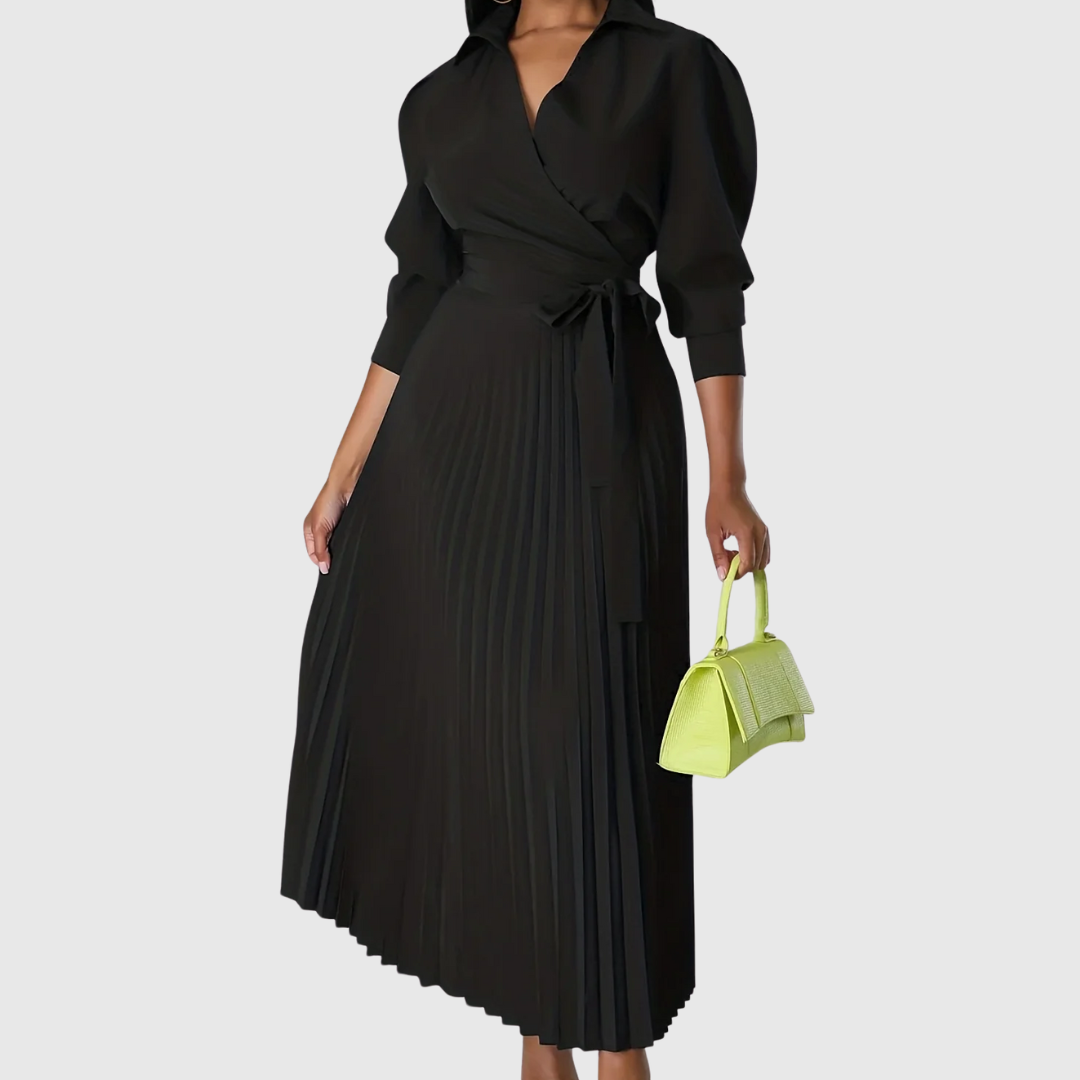 Elise – Stilvolles Midikleid mit V-Ausschnitt und plissiertem Detail