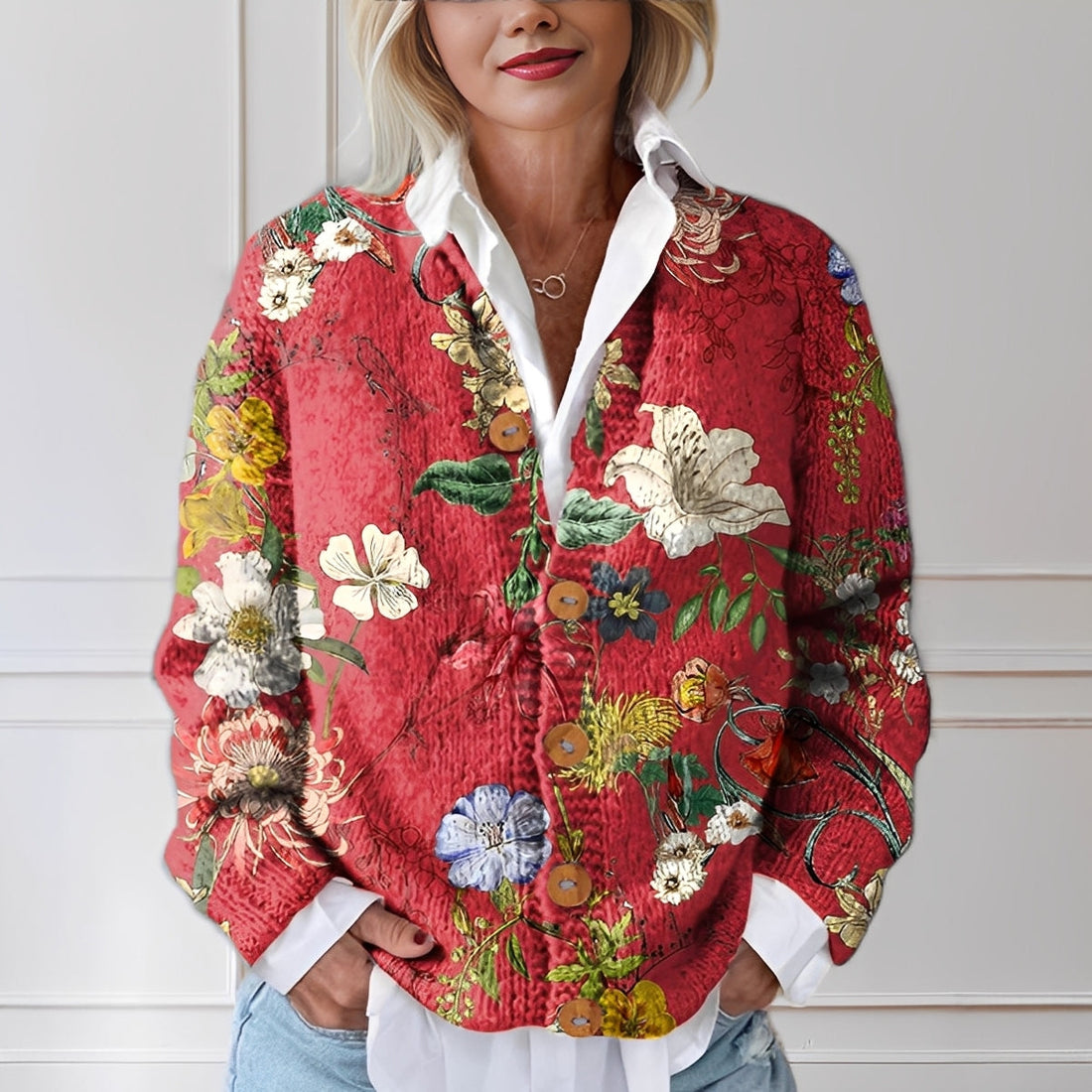 Yasmin - Elegante Damenstrickjacke mit Blumenmuster