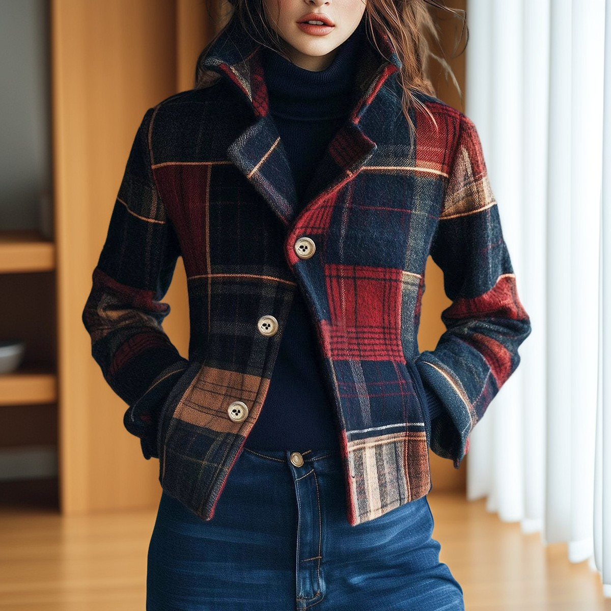 Aubriana - Damen-Retrojacke mit Karomuster und hohem Kragen