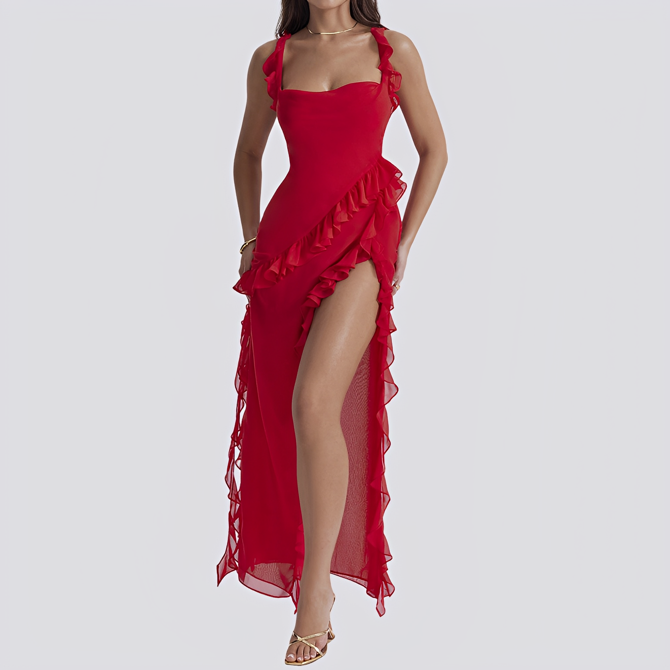 Lyvia - Damenkleid mit tiefem Schlitz und Rüschen für einen lässigen Stil