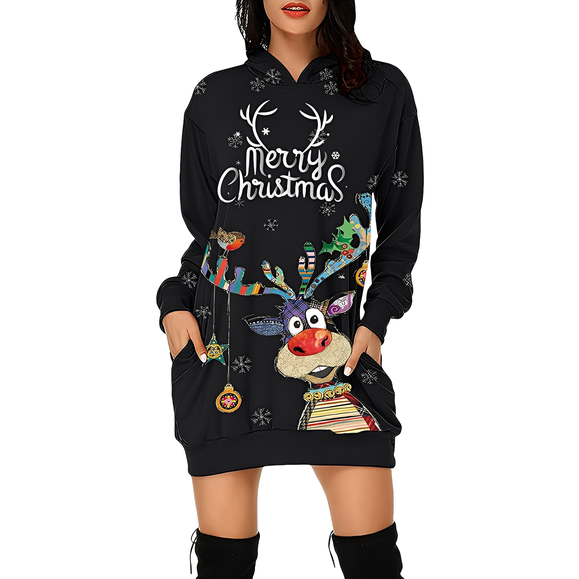 Georgia - Schickes Damen-Weihnachtskapuzenkleid mit Print
