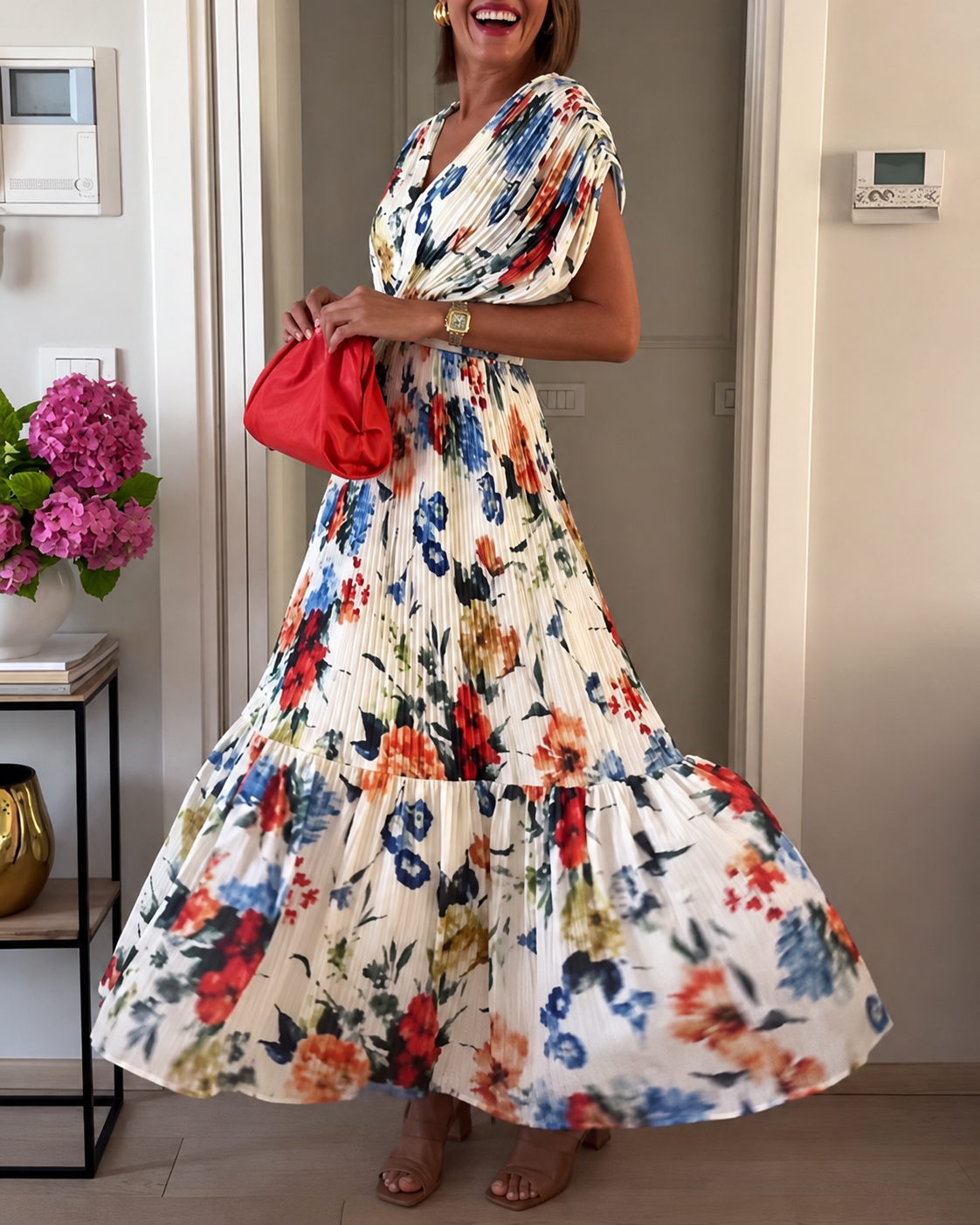 Sharon - Elegantes Kleid mit Falten und Blumenmuster