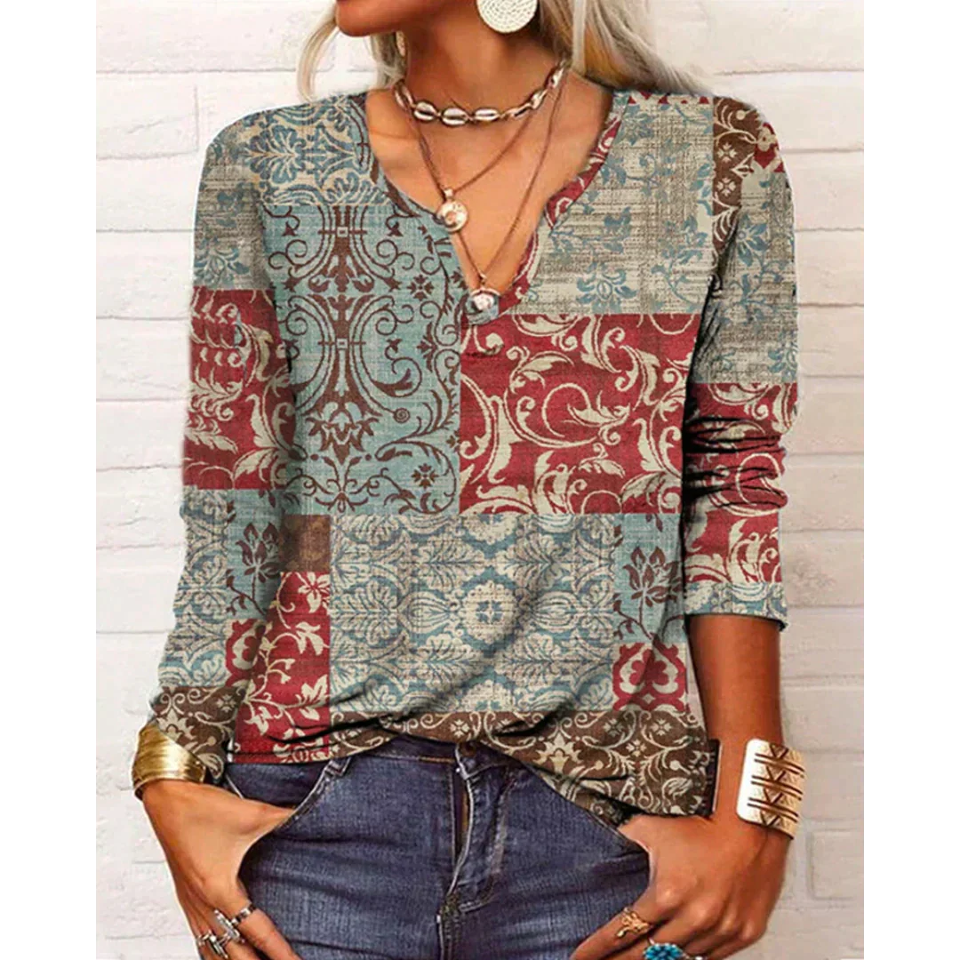 Katharina - Bunte Bluse im Boho-Stil, langärmlig mit V-Ausschnitt