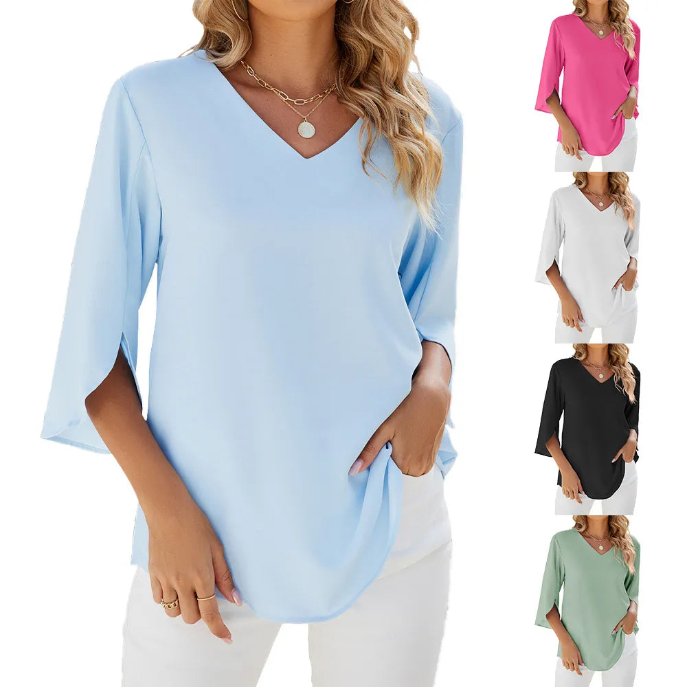 Caetana – Chiffonbluse mit kurzen Ärmeln und V-Ausschnitt