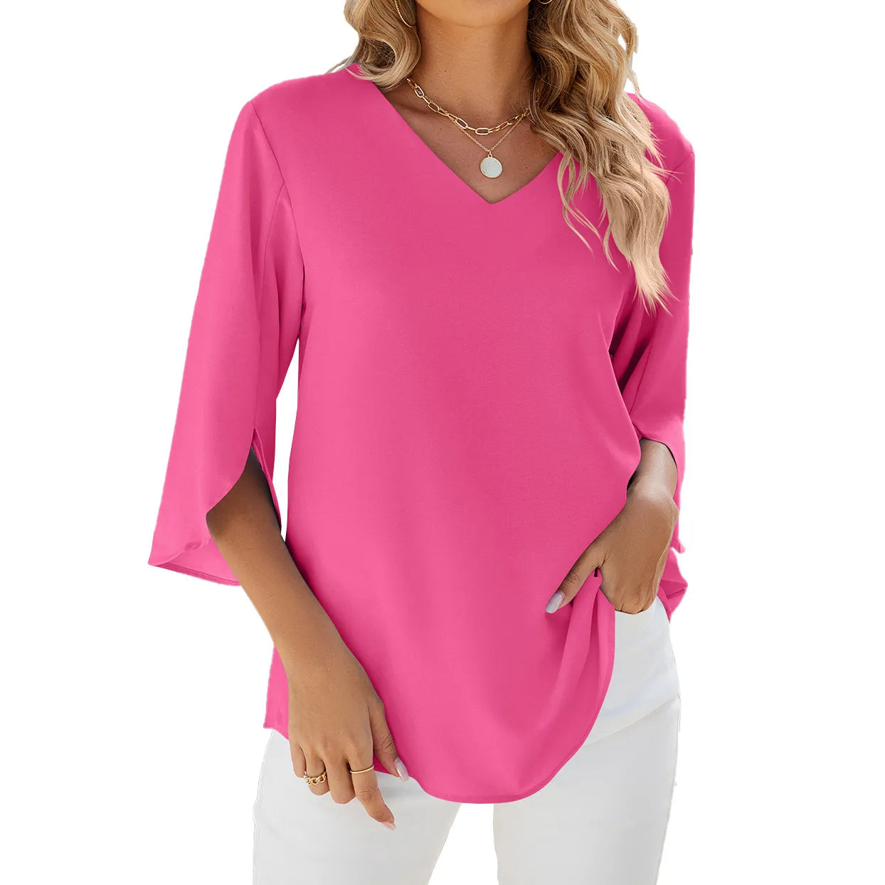 Caetana – Chiffonbluse mit kurzen Ärmeln und V-Ausschnitt