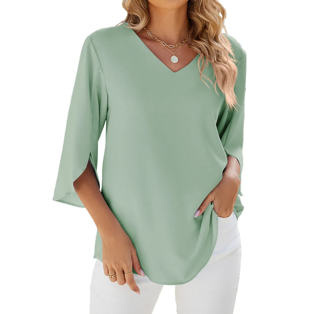 Caetana – Chiffonbluse mit kurzen Ärmeln und V-Ausschnitt