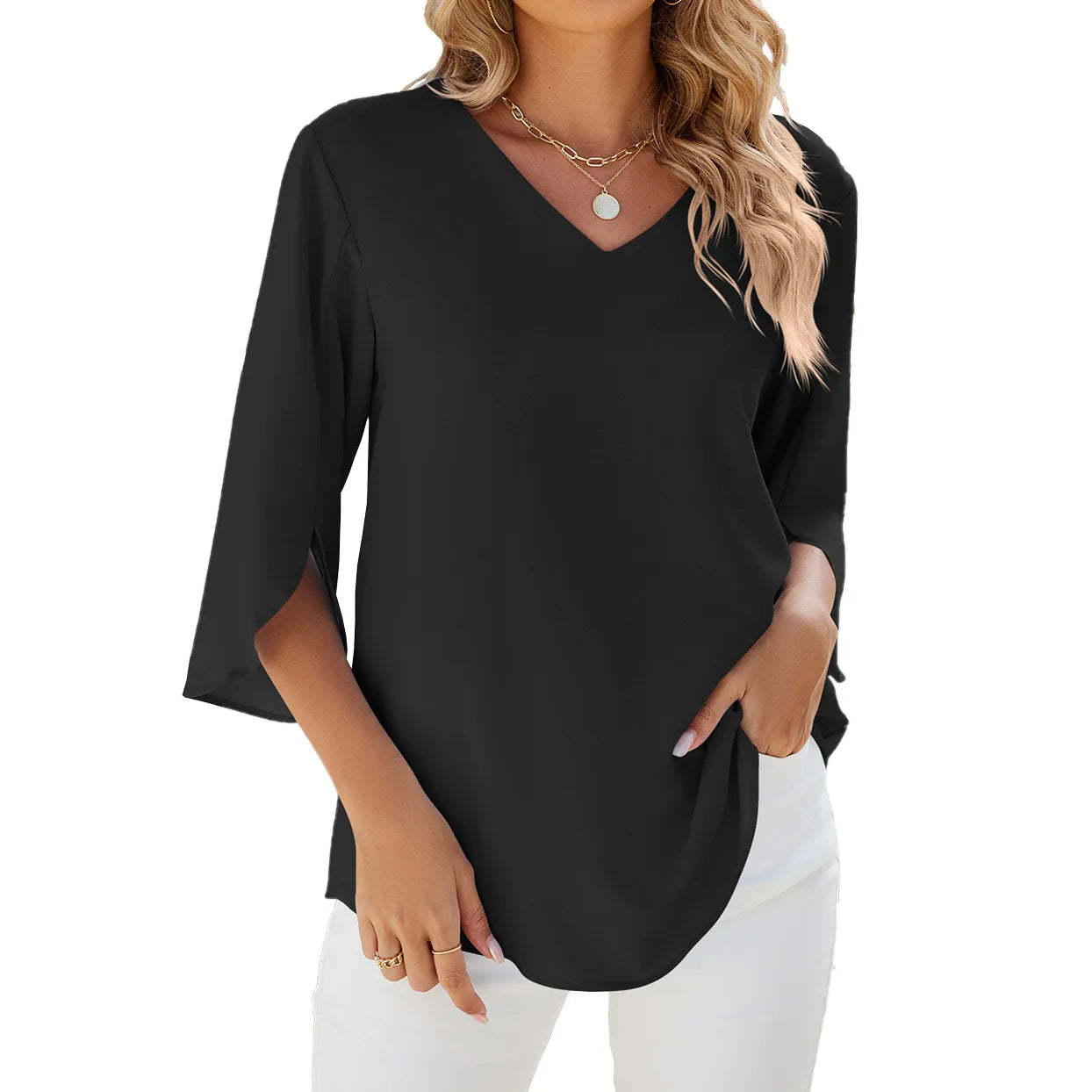 Caetana – Chiffonbluse mit kurzen Ärmeln und V-Ausschnitt