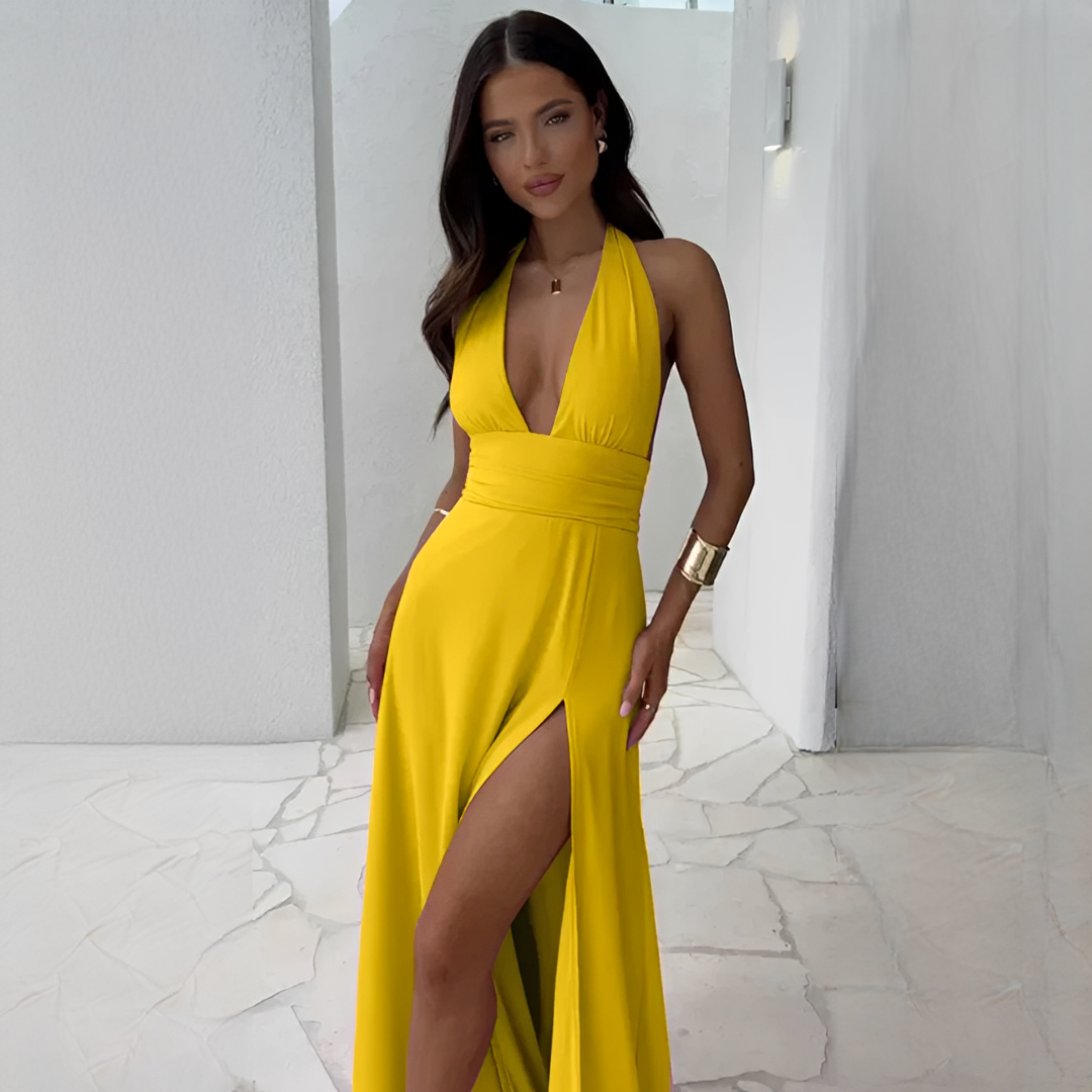 Fiona - Elegantes V-Ausschnitt-Kleid mit Schlitz für Damen