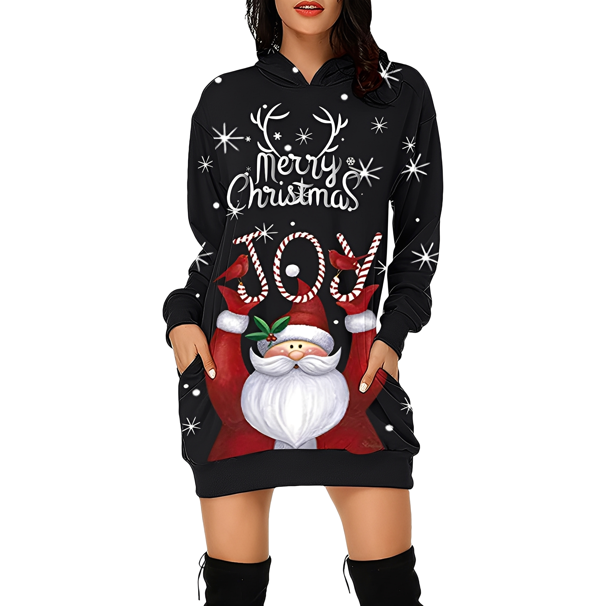 Georgia - Schickes Damen-Weihnachtskapuzenkleid mit Print