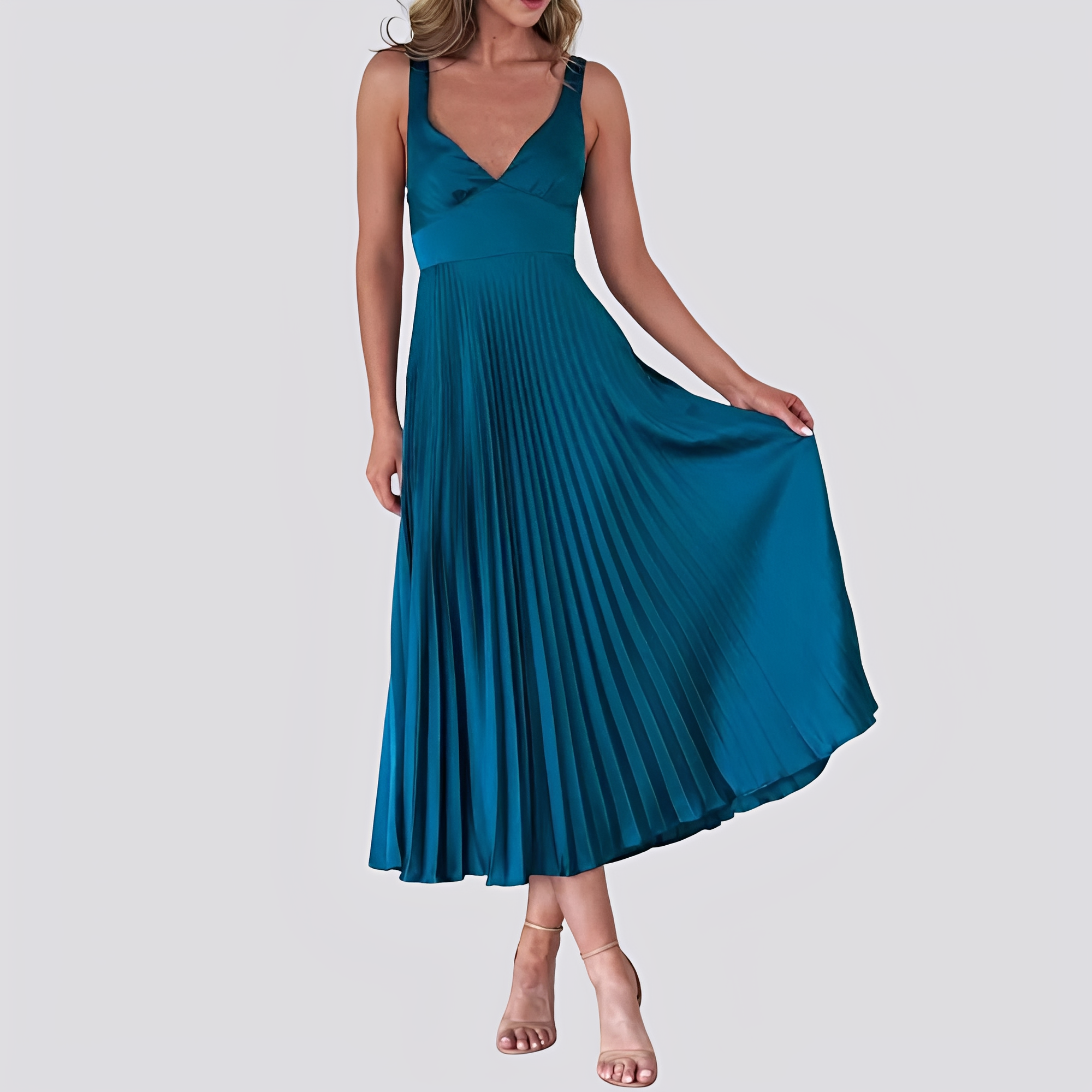 Sabrina - Elegantes Damen-Maxikleid mit Plissee und V-Ausschnitt