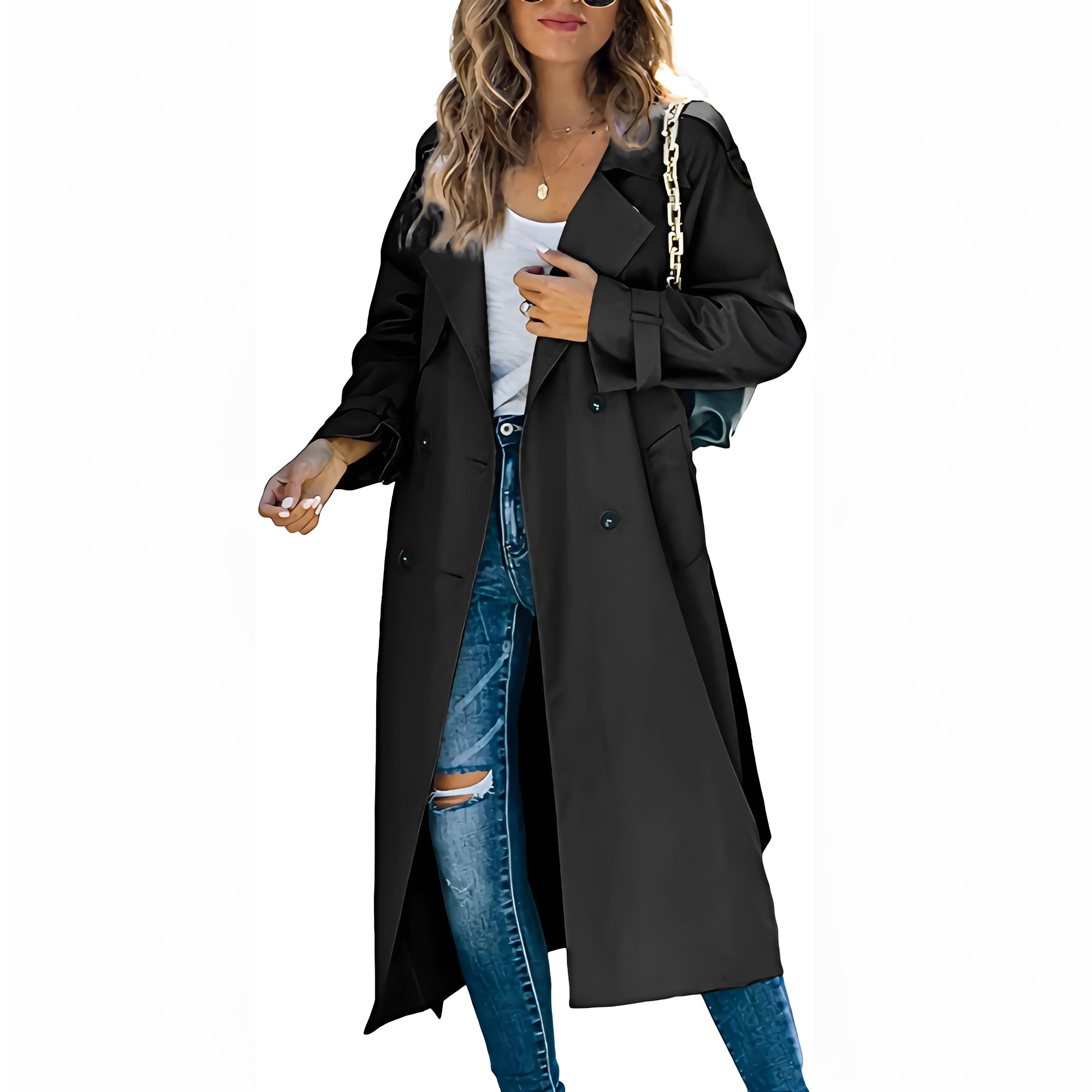 Jodie - Eleganter langer Damen-Trenchcoat mit Zweireiher