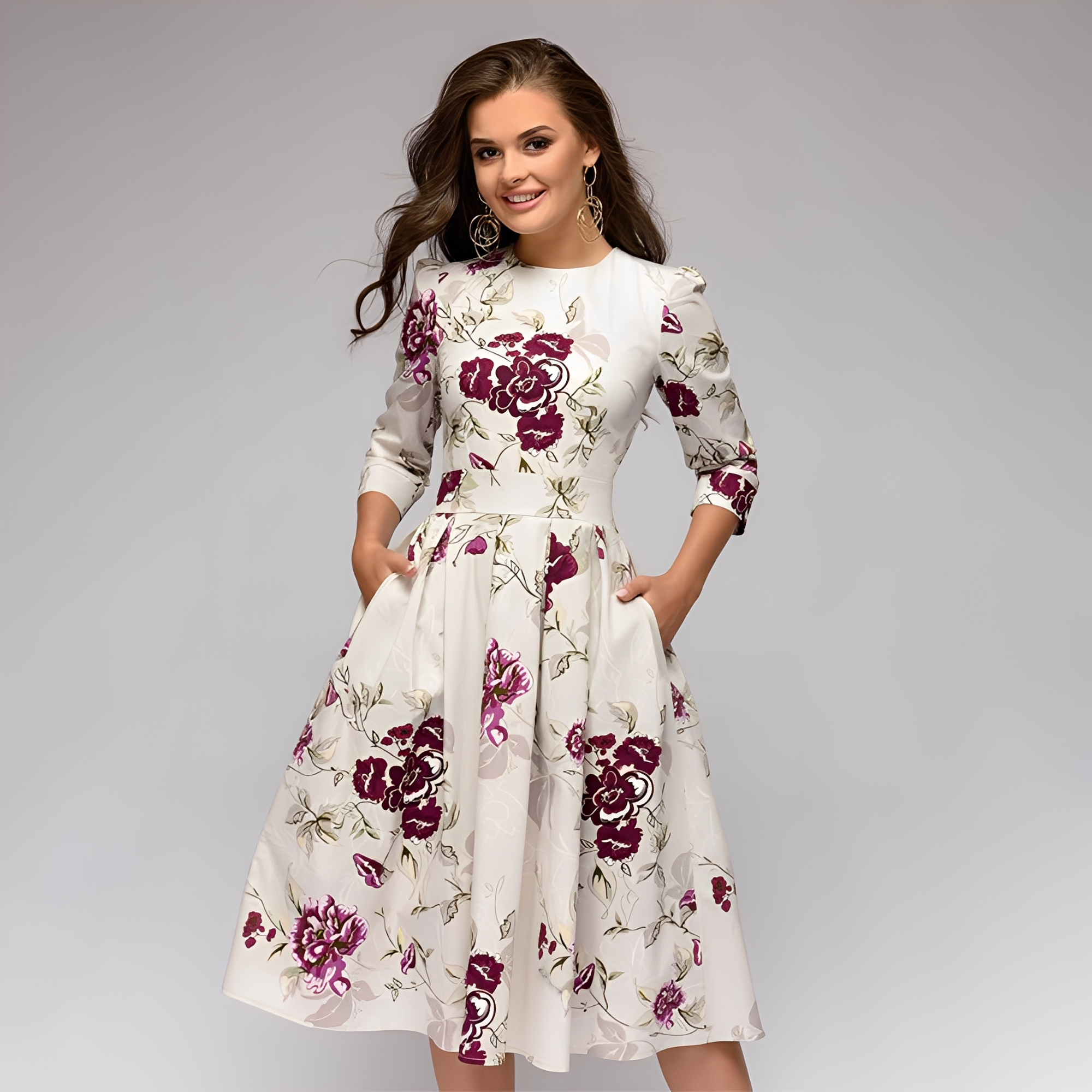 Elisabeth - Schickes Damenkleid mit langen Ärmeln und Blumendesign