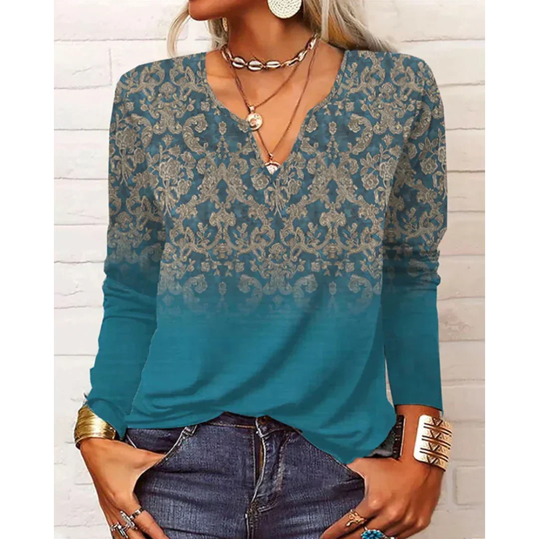 Katharina - Bunte Bluse im Boho-Stil, langärmlig mit V-Ausschnitt