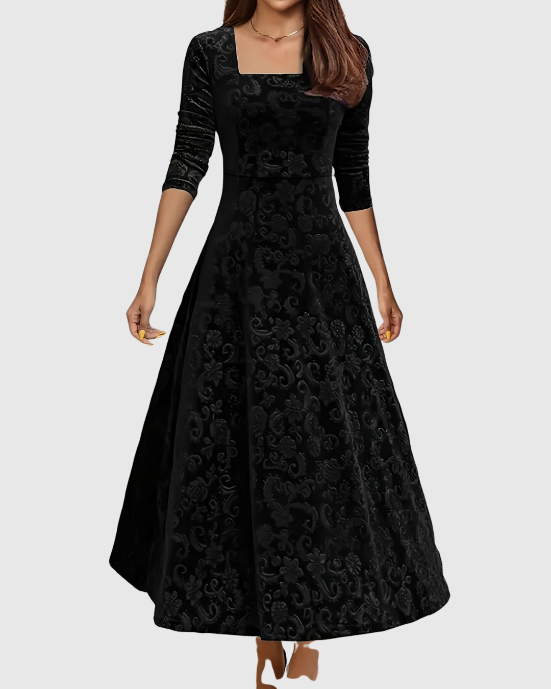 Amandine - Elegantes Midi-A-Linien Kleid aus floralem Samt