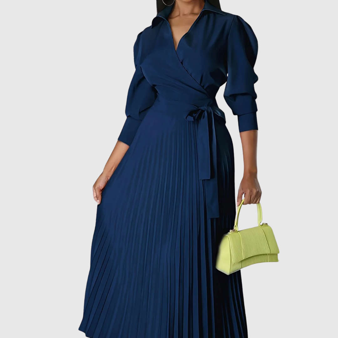 Elise – Stilvolles Midikleid mit V-Ausschnitt und plissiertem Detail