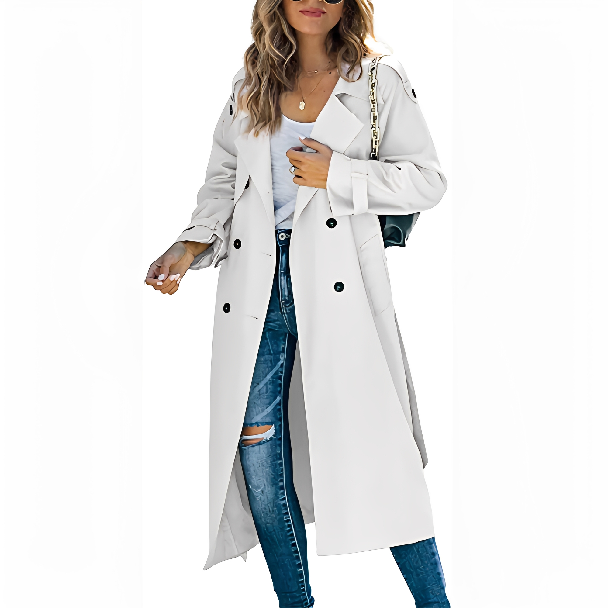 Jodie - Eleganter langer Damen-Trenchcoat mit Zweireiher