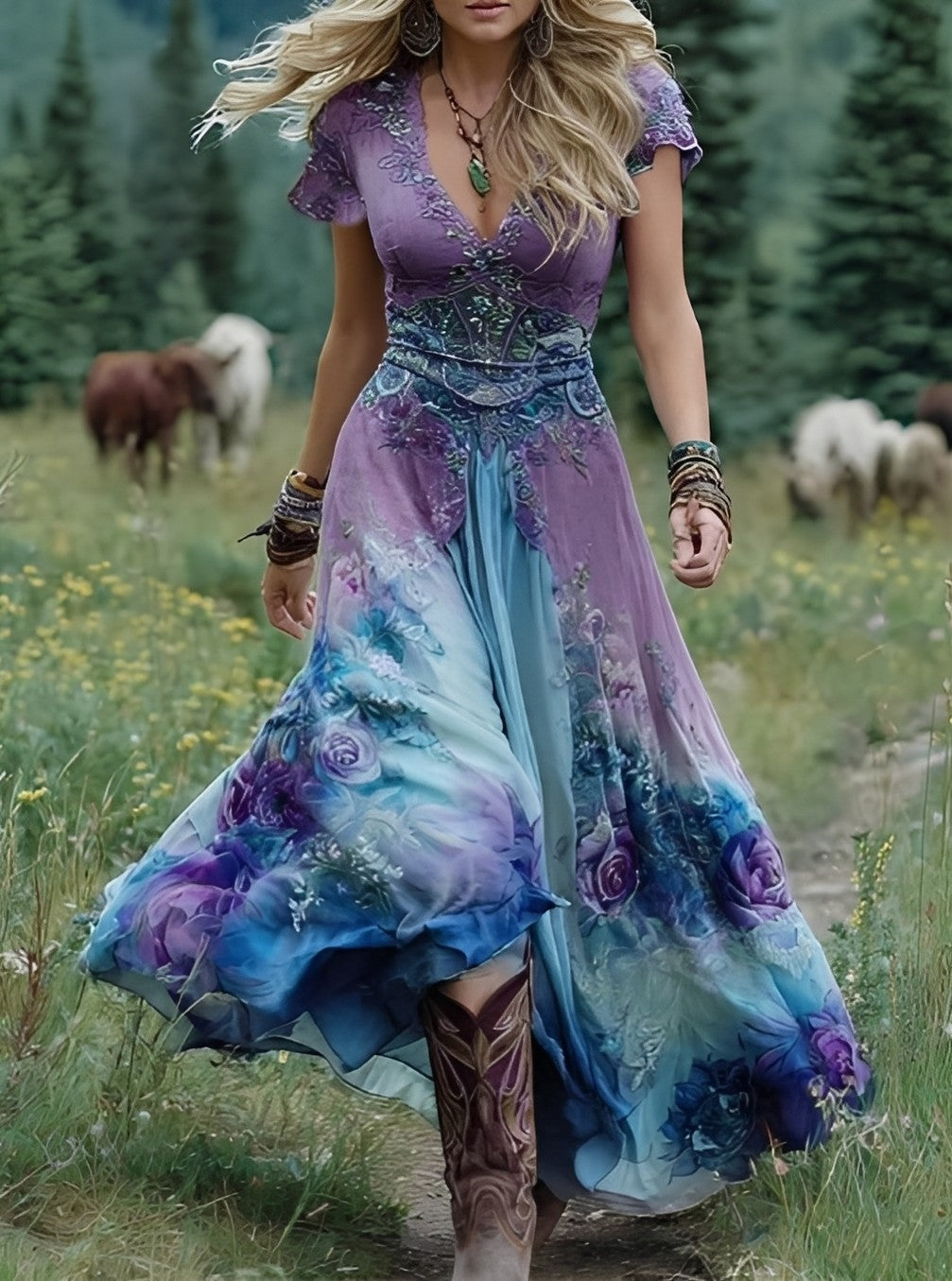 Erica - Elegantes langes Kleid mit floralem Muster für Frauen