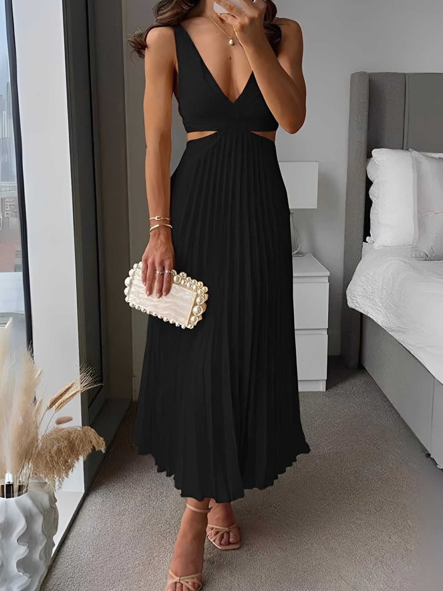 Jane - Stilvolles Plisseekleid mit offenem Taillenbereich für Damen