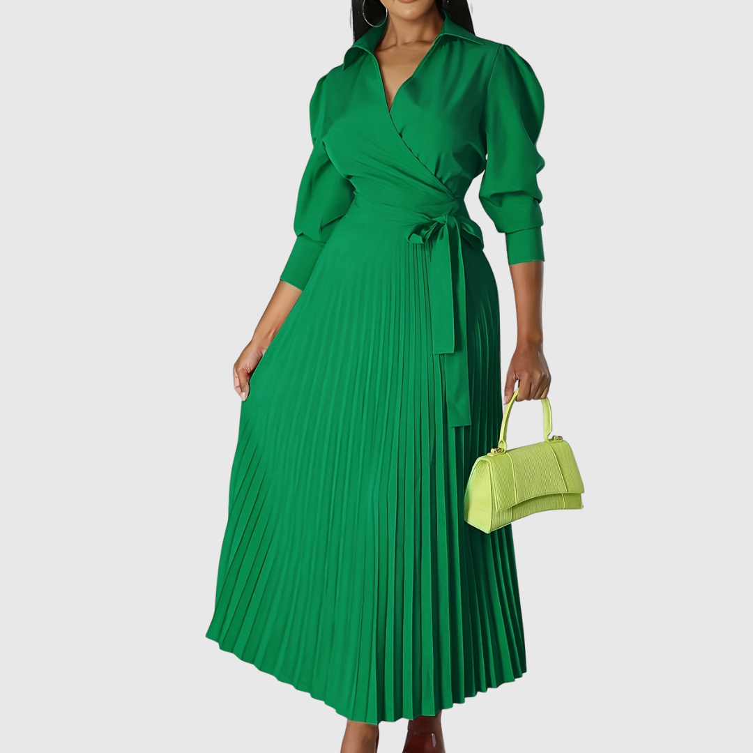 Elise – Stilvolles Midikleid mit V-Ausschnitt und plissiertem Detail