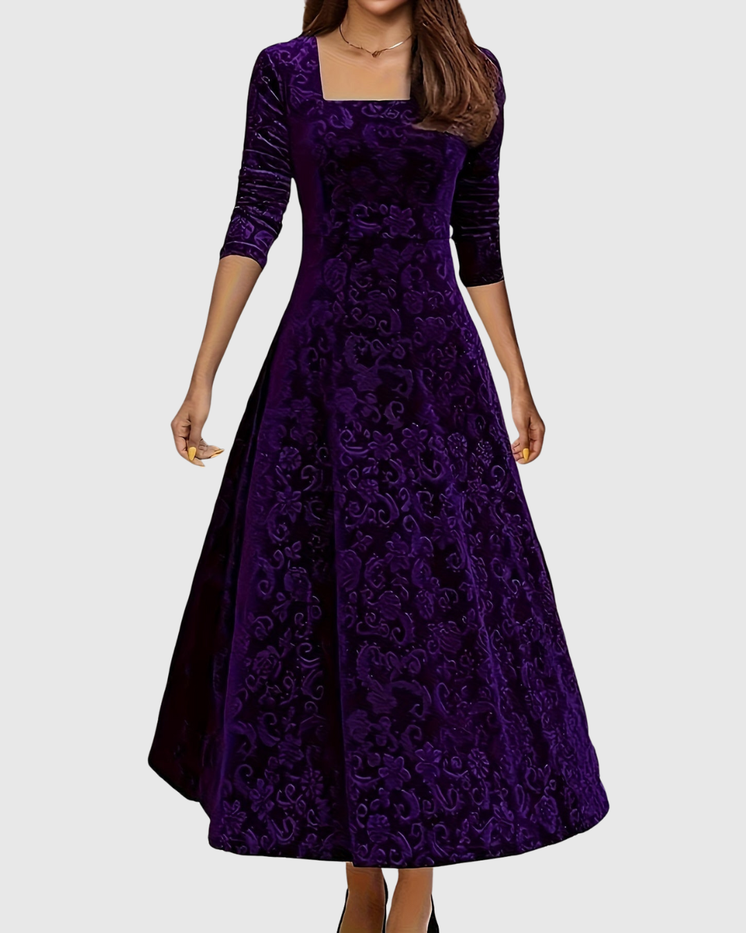 Amandine - Elegantes Midi-A-Linien Kleid aus floralem Samt