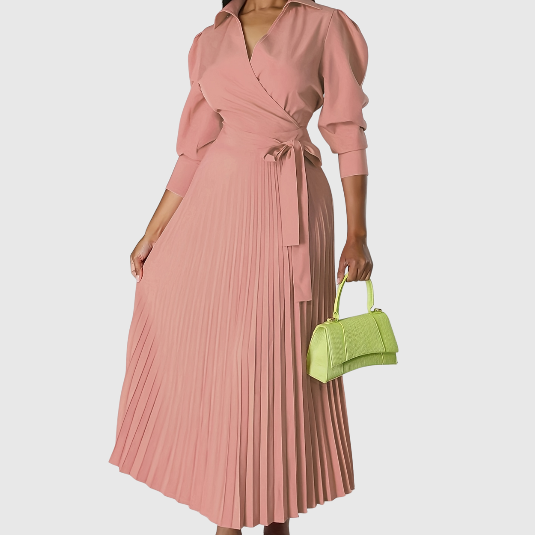 Elise – Stilvolles Midikleid mit V-Ausschnitt und plissiertem Detail