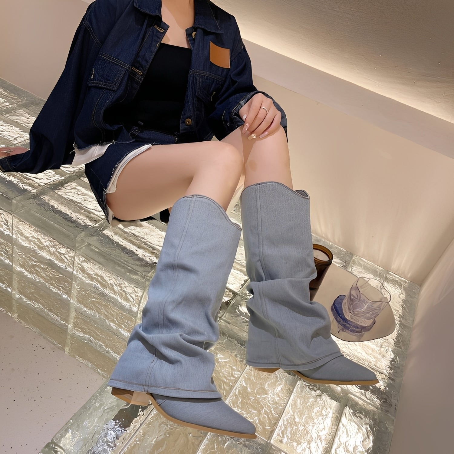 Gabrielle - Schicke Damen-Ritterstiefel aus Jeansstoff