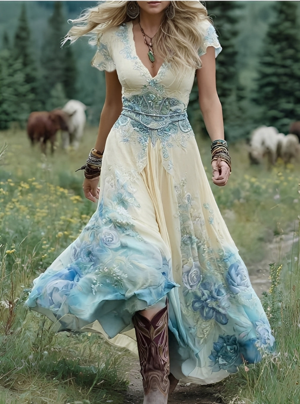 Erica - Elegantes langes Kleid mit floralem Muster für Frauen