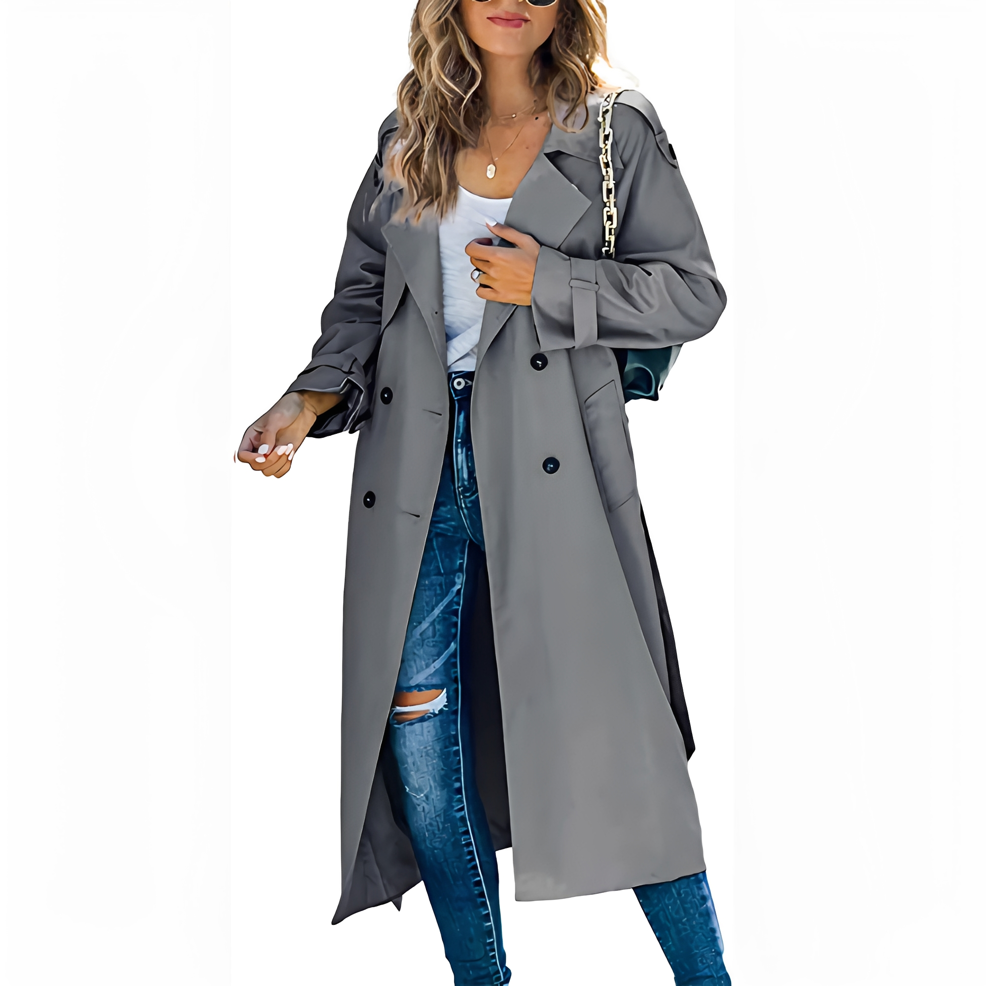 Jodie - Eleganter langer Damen-Trenchcoat mit Zweireiher