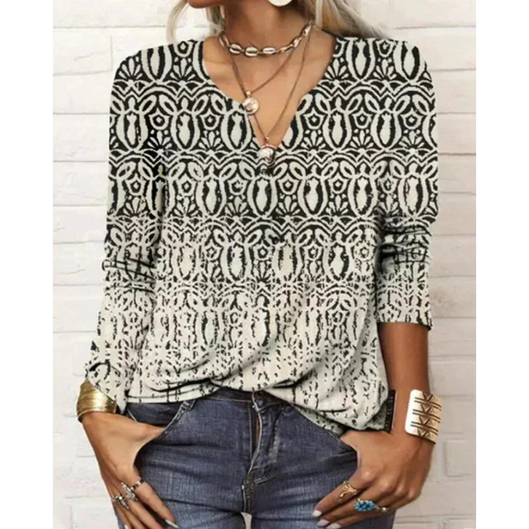 Katharina - Bunte Bluse im Boho-Stil, langärmlig mit V-Ausschnitt