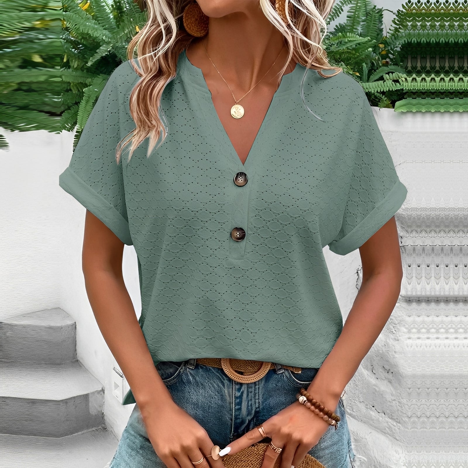 Jennifer - Elegantes Kurzarm-Top mit Knöpfen für Damen
