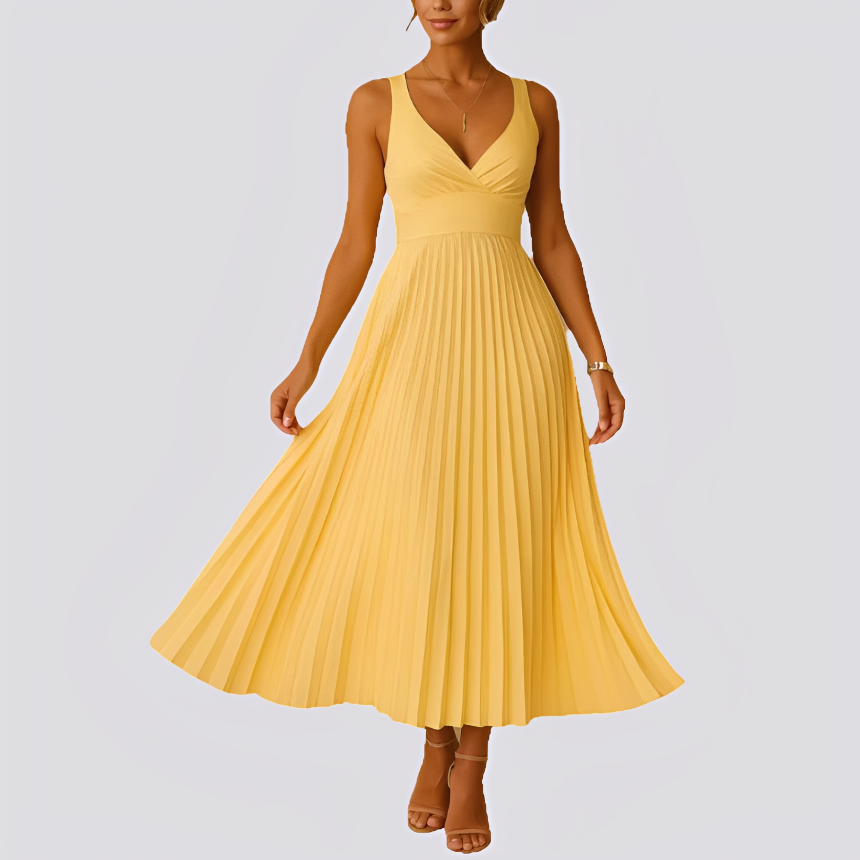 Sabrina - Elegantes Damen-Maxikleid mit Plissee und V-Ausschnitt