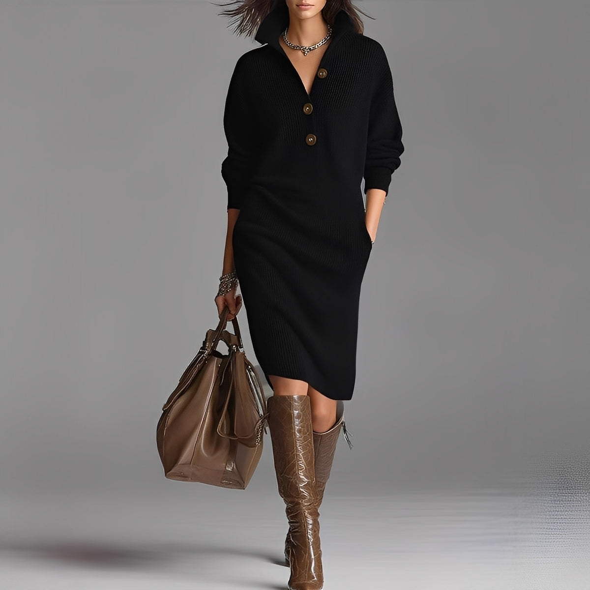 Camryn - Elegantes Damen-Strickkleid mit Knöpfen und Kragen