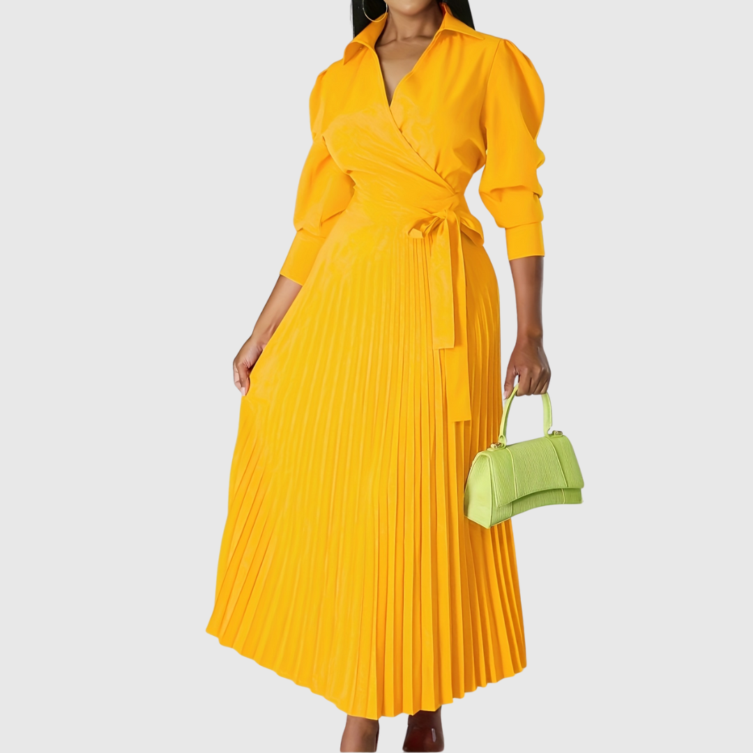 Elise – Stilvolles Midikleid mit V-Ausschnitt und plissiertem Detail