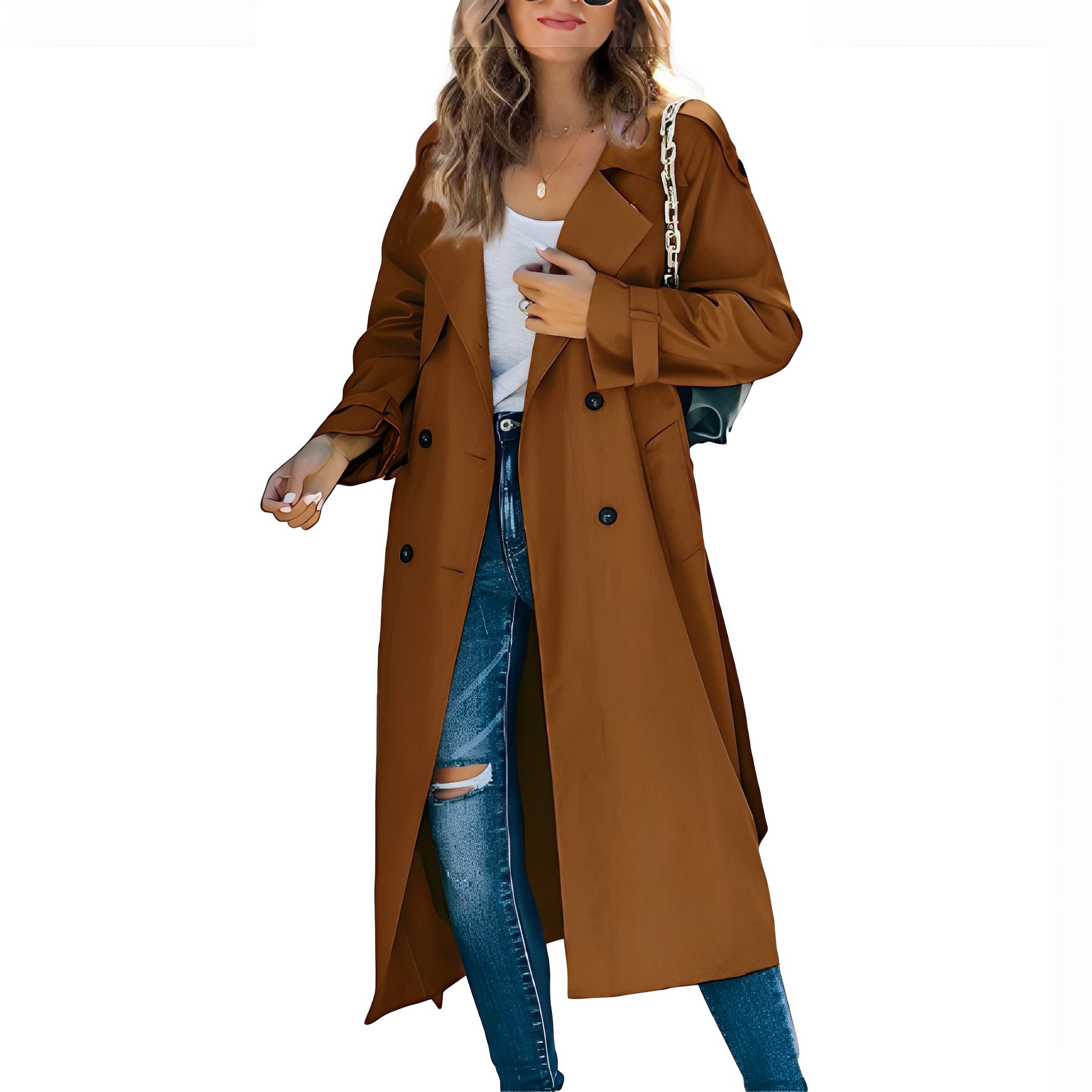Jodie - Eleganter langer Damen-Trenchcoat mit Zweireiher