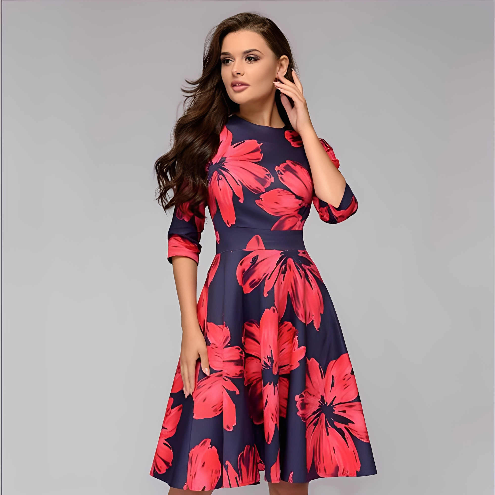 Elisabeth - Schickes Damenkleid mit langen Ärmeln und Blumendesign